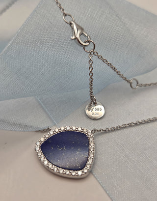 Weißgold Collier mit Lapislazuli & Brillantkranz 0,34ct – 585/- Gold