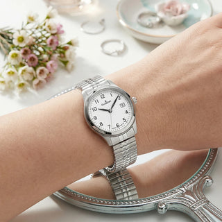 Dugena Bari 4460756 Damenuhr mit Zugband aus Edelstahl in Weiß Silber