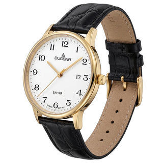 Dugena Zenit 2170996 in Schrägansicht mit goldplattiertem Gehäuse, Datumsanzeige und schwarzem Lederband mit Dornschließe