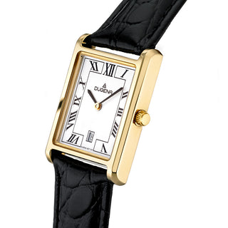 Dugena Quadra Classica 4460726 in seitlicher Detailansicht mit goldfarbenem Edelstahlgehäuse, Krone und Datumsanzeige