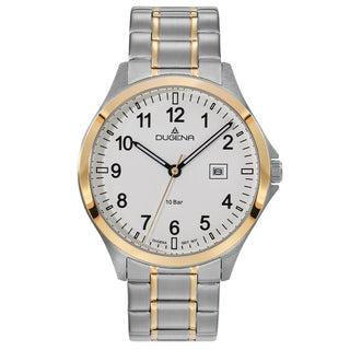 Dugena Boston 4461187 Herrenuhr mit weißem Zifferblatt, schwarzen arabischen Ziffern, Datum und Bicolor-Edelstahlband in Frontansicht