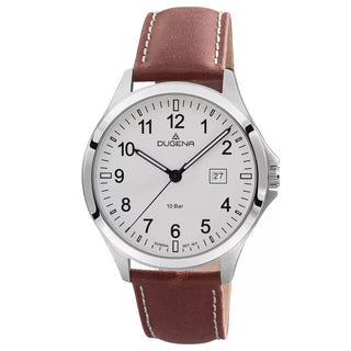 Dugena Boston Herrenuhr 4460990 mit weißem Zifferblatt, silberfarbenem Edelstahlgehäuse und braunem Lederband mit weißen Nähten