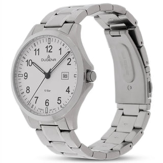 Dugena Boston Herrenuhr 4460993 mit weißem Zifferblatt, arabischen Ziffern und silberfarbenem Edelstahlband in schräger Ansicht