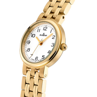 Schräge Seitenansicht der Dugena Brenda Damenuhr 4460724 mit goldfarbenem Gehäuse, Krone und gegliedertem Edelstahl-Schmuckband