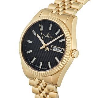 Dugena Vento Herrenuhr in schräger Ansicht mit schwarzem strukturiertem Zifferblatt, Day-Date-Anzeige und goldfarbener geriffelter Lünette