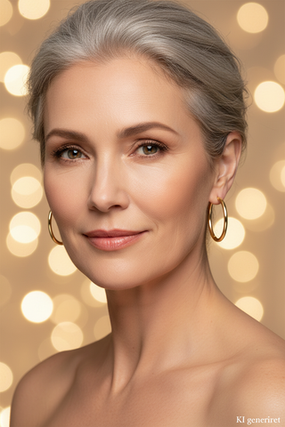 Elegante Dame 50+ mit goldenen Creolen proportional – KI generiert