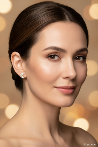 Eurasisches Modelbild – Goldene Halbmond-Ohrstecker mit Zirkonia – KI generiert